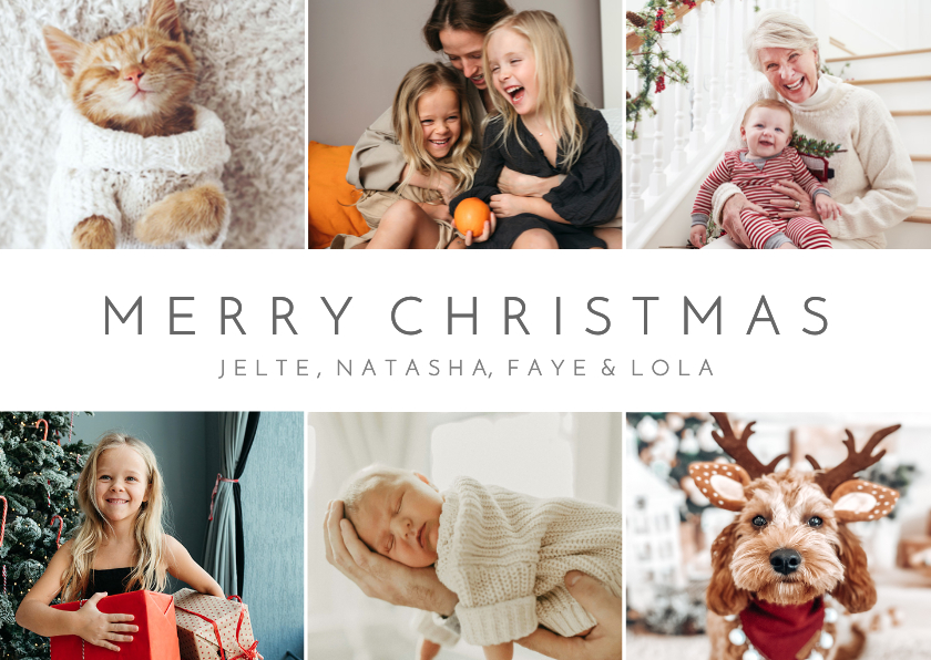 Kerstkaarten - Eenvoudige witte fotocollage kerstkaart met 6 eigen foto's