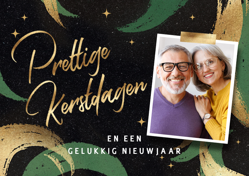 Kerstkaarten - Foto kerstkaart met vrolijke verfstrepen in groen en goud