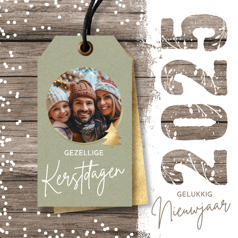 Kerstkaarten - Foto kerstkaart vrolijke label op hout