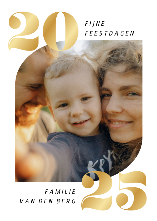 Kerstkaarten - Foto kerstkaartje wit fijne feestdagen gouden 2025