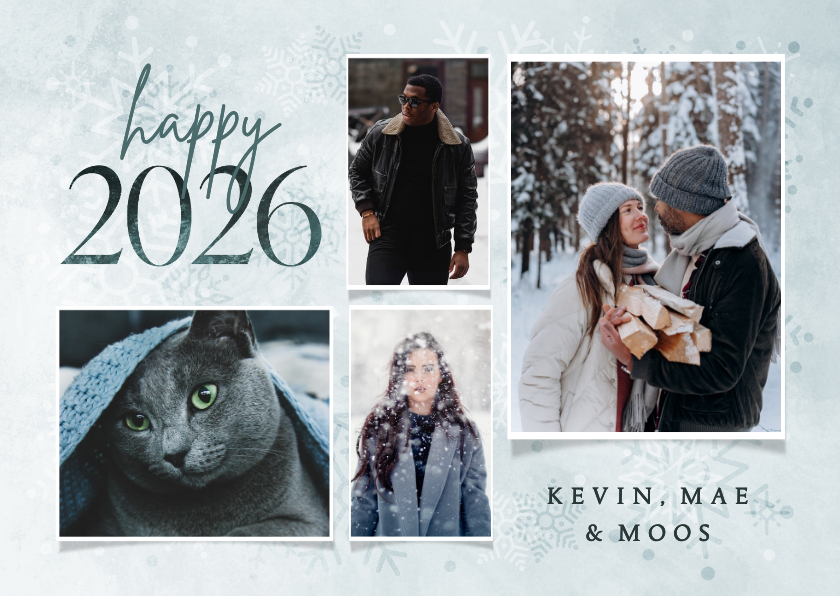 Kerstkaarten - Fotocollage kerstkaart happy 2026 met sneeuwvlokken