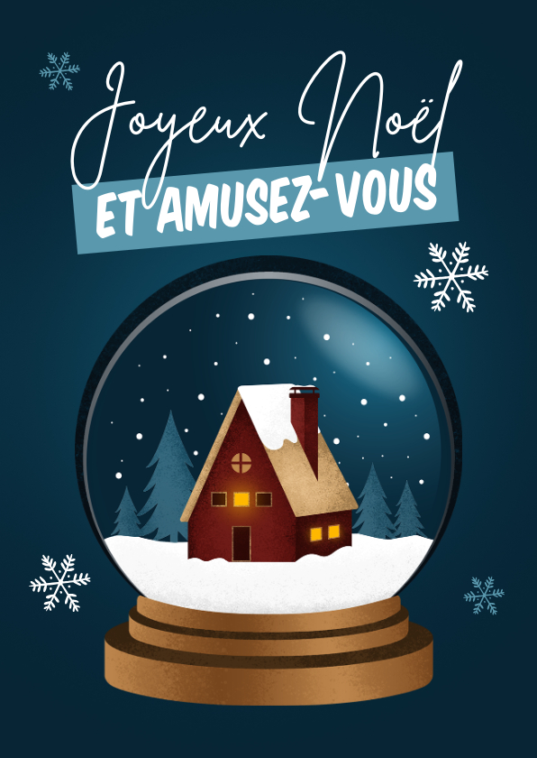 Kerstkaarten - Franse kerstgroet sneeuwbol met kersthuisje