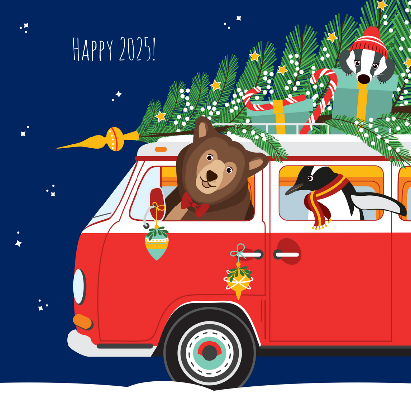 Kerstkaarten - Gelukkig nieuwjaar voor iedereen vanuit een gezellige VW-bus