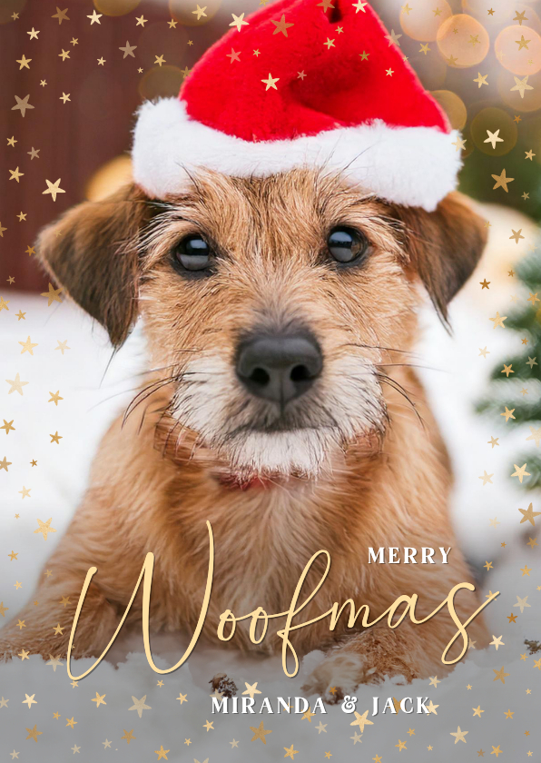 Kerstkaarten - Grappige kerstkaart met foto van je eigen hond 'woofmas'