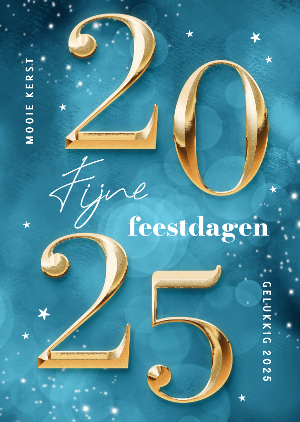 Kerstkaarten - Hippe blauwe kerstkaart cijfers 2025 goud sprankelend