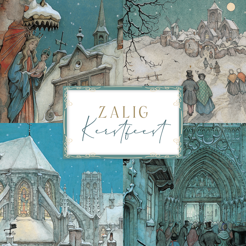 Kerstkaarten - Kerst Anton Pieck kaart met 4 illustraties religieus