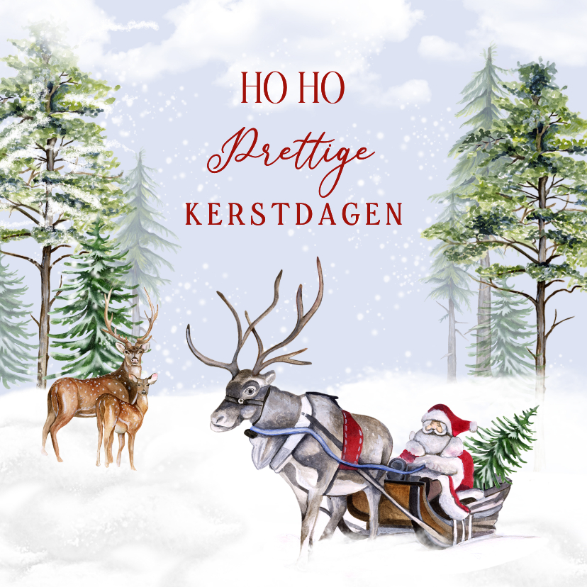 Kerstkaarten - Kerst auto met kerstman en rendieren in de winter