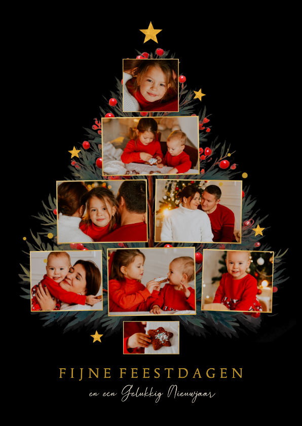 Kerstkaarten - Kerstboom fotocollage met takjes en sterren