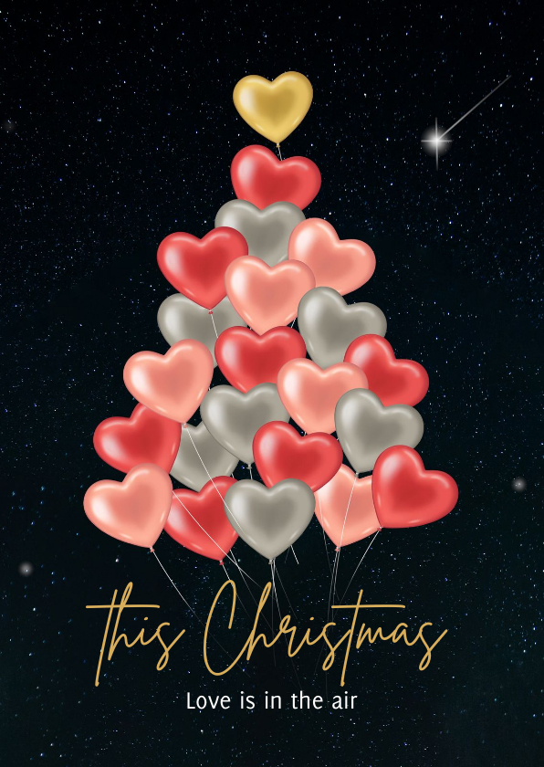 Kerstkaarten - Kerstboom hartjes ballonnen liefde