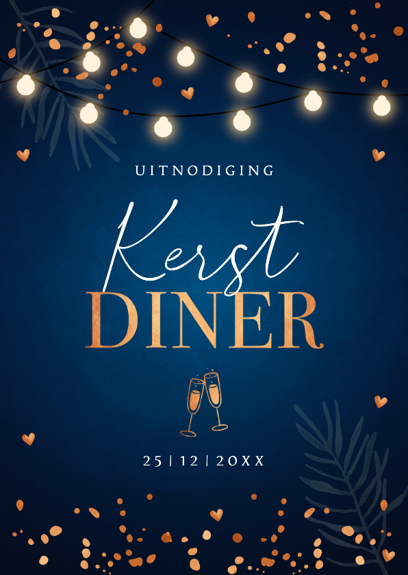 Kerstkaarten - Kerstdiner uitnodiging blauw confetti koperlook