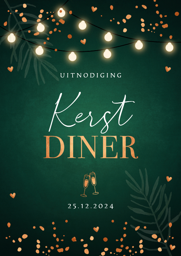 Kerstkaarten - Kerstdiner uitnodiging donkergroen confetti lampjes