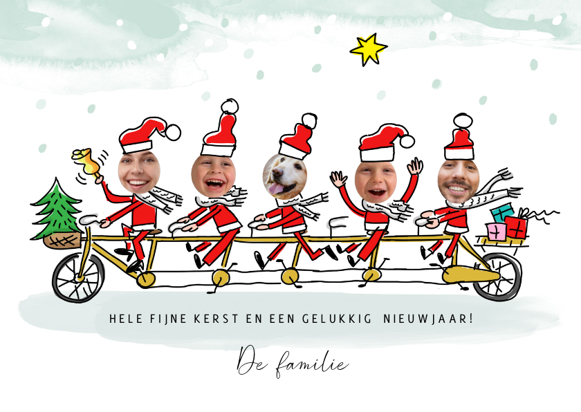 Kerstkaarten - Kerstfamilie op tandem met 5 foto's