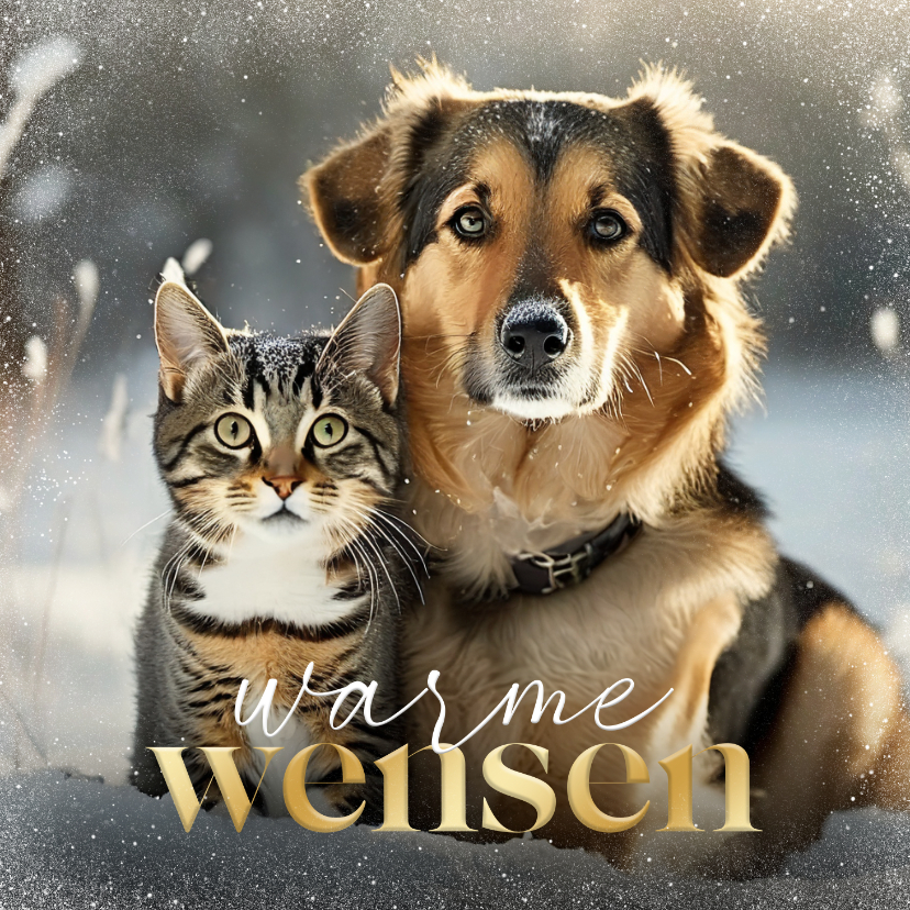Kerstkaarten - Kerstgroet met persoonlijke foto van hond en kat sneeuw
