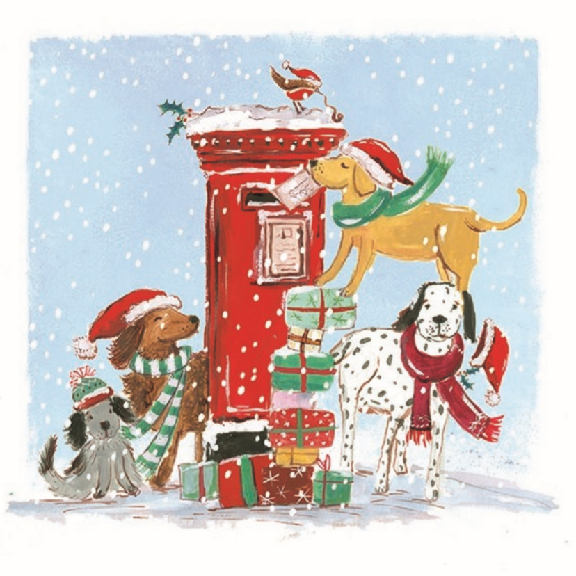 Kerstkaarten - Kerstkaar brievenbus met honden in kerstsfeer