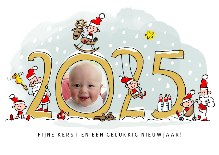 Kerstkaarten - Kerstkaart baby's eerste kerst met jaartal en kerstkindjes