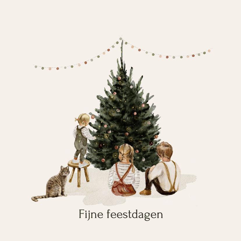 Kerstkaarten - Kerstkaart broertje zusjes kerstboom kat