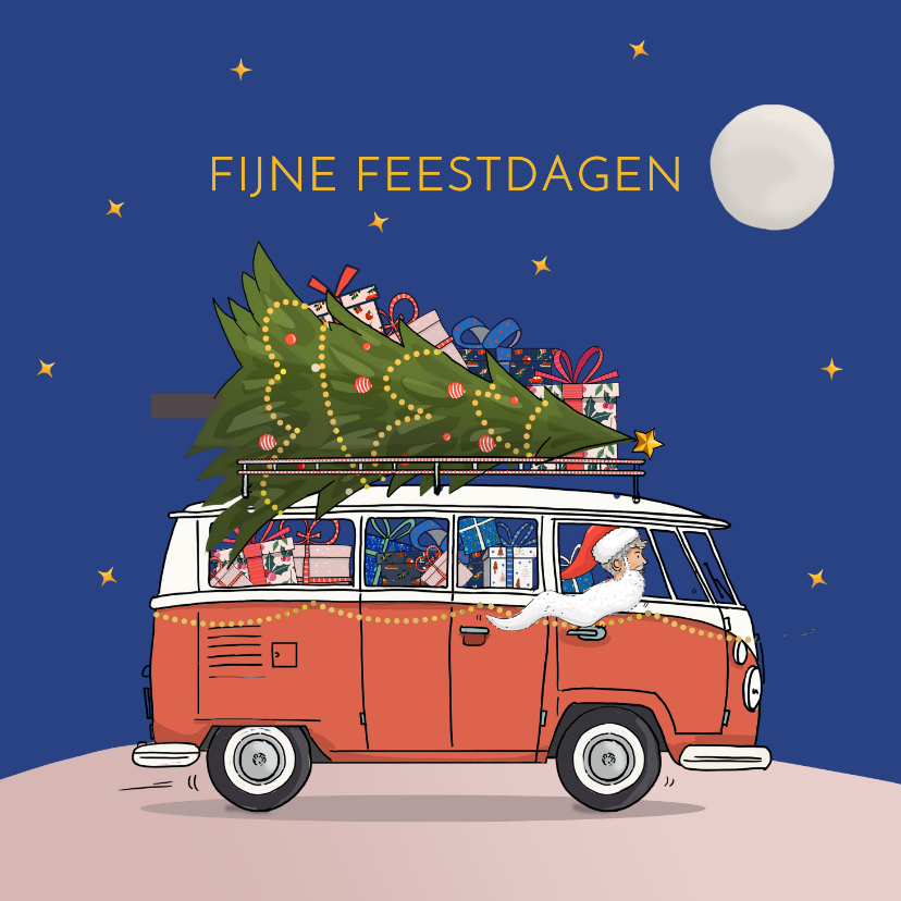 Kerstkaarten - Kerstkaart busje met kerstman en boom