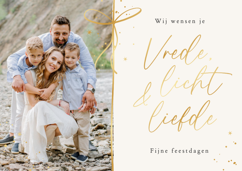 Kerstkaarten - Kerstkaart christelijk licht liefde vrede strik goud foto