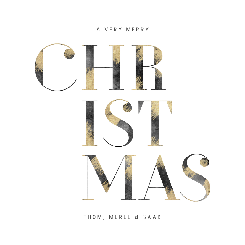 Kerstkaarten - Kerstkaart 'Christmas' typografie met goud en waterverf
