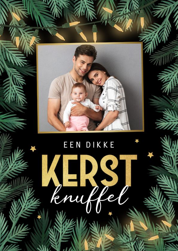 Kerstkaarten - Kerstkaart dennentakjes foto goud kerstknuffel lampjes