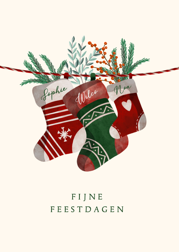 Kerstkaarten - Kerstkaart drie kerstsokken met namen en twijgjes