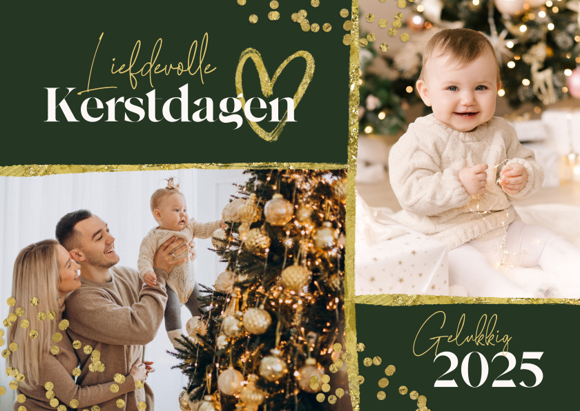 Kerstkaarten - Kerstkaart foto goud confetti hartje fijne kerstdagen 2025