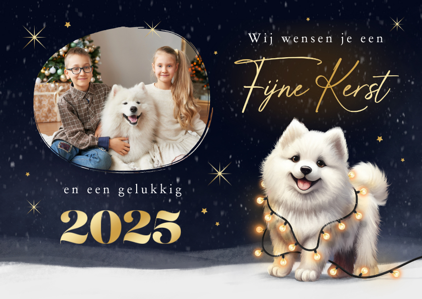 Kerstkaarten - Kerstkaart foto kerst hond Samojeed puppy winter lampjes