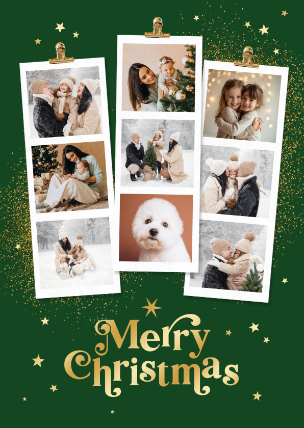 Kerstkaarten - Kerstkaart fotostrips merry christmas goud sterren 