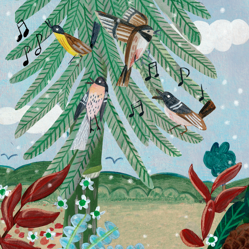 Kerstkaarten - Kerstkaart 'four calling birds' illustratie