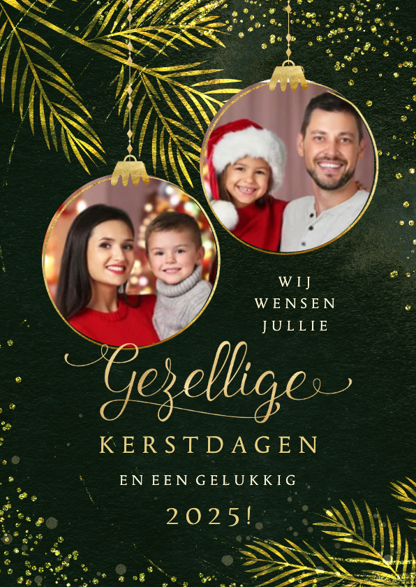 Kerstkaarten - Kerstkaart goudlook sprankelend fotocollage kerstballen