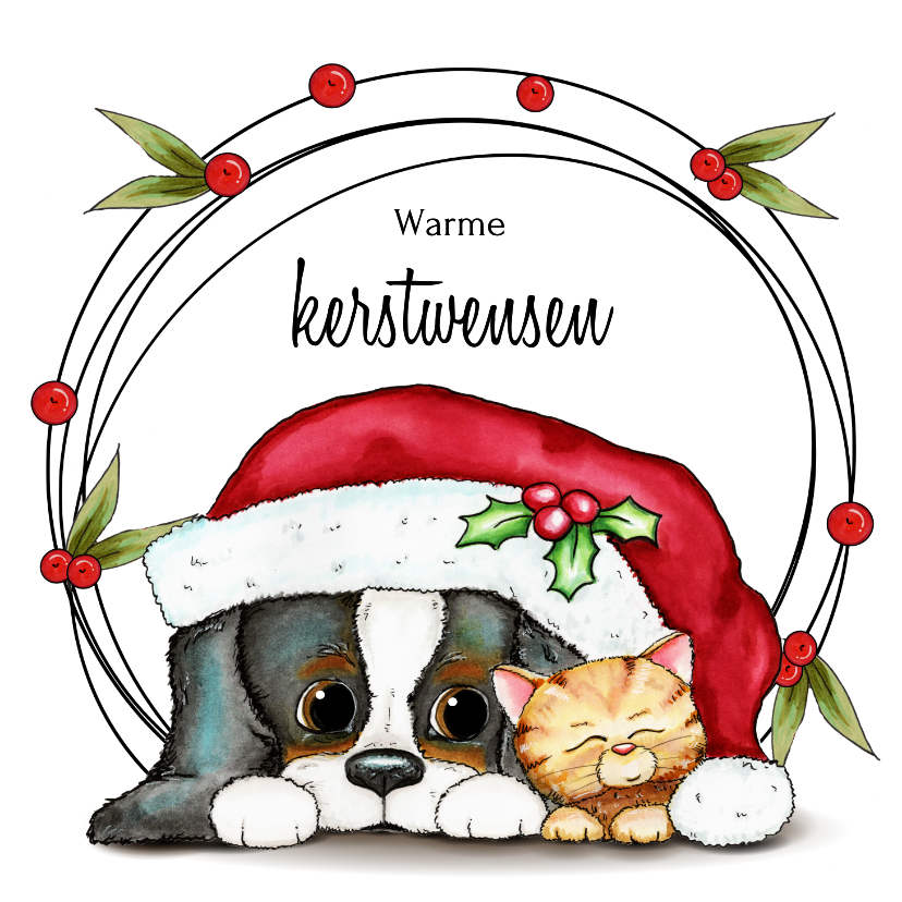 Kerstkaarten - Kerstkaart hond en kat 