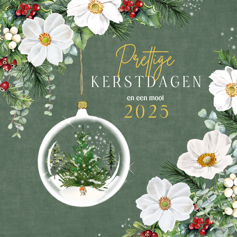 Kerstkaarten - Kerstkaart kerstbloemen kerstbal op fluweelachtige kleur