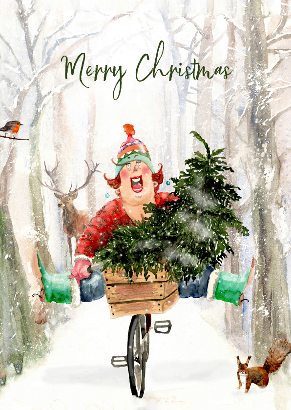 Kerstkaarten - Kerstkaart kerstboom in de fietsmand