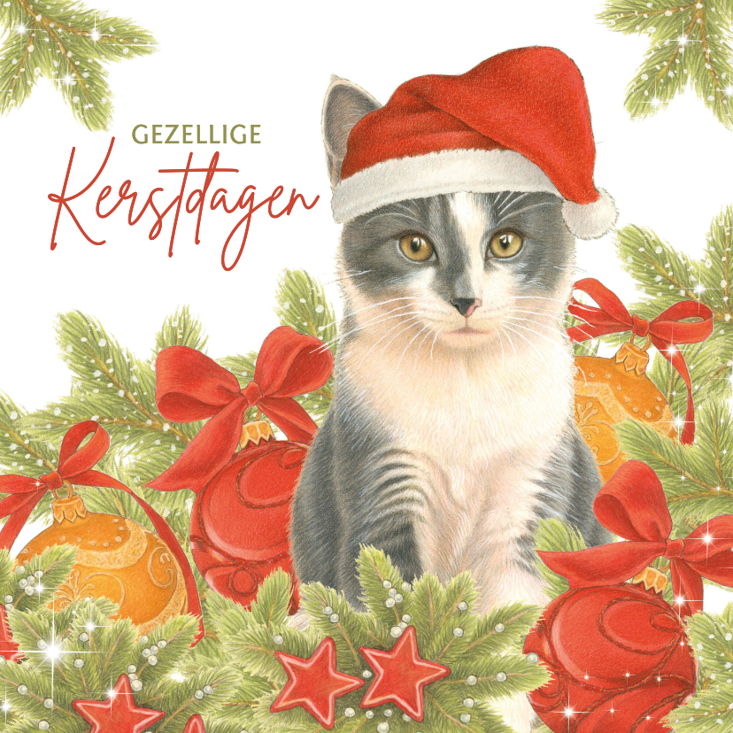 Kerstkaarten - Kerstkaart Kerstkitten met kerstmuts en kerstballen