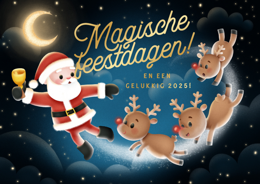 Kerstkaarten - Kerstkaart kerstman rendieren maan 'Magische feestdagen'