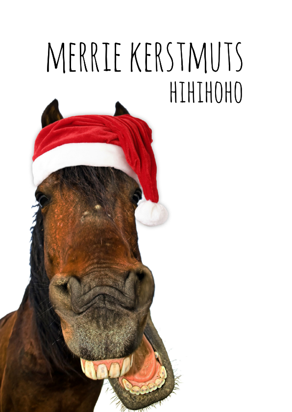 Kerstkaarten - Kerstkaart lachend paard met kerstmuts