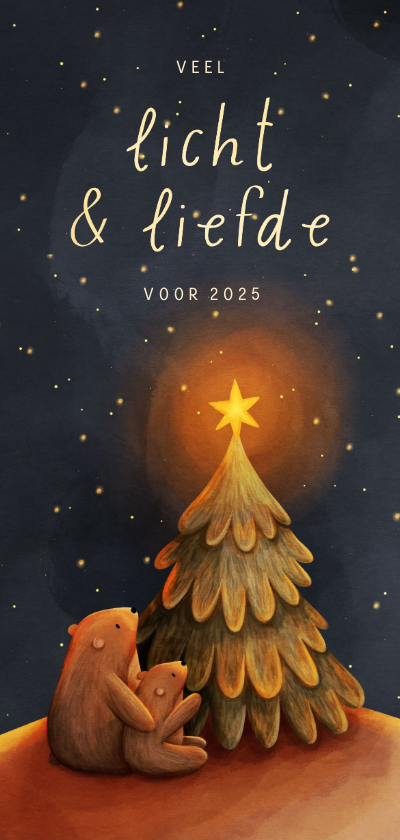 Kerstkaarten - Kerstkaart langwerpig beertjes bij kerstboom met ster