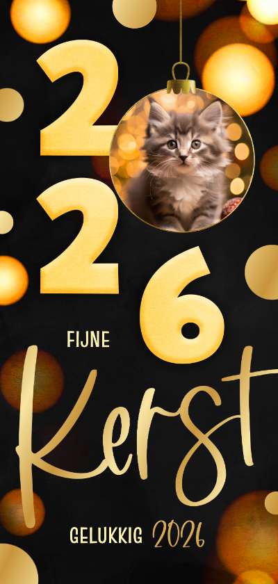 Kerstkaarten - Kerstkaart langwerpig zwart 2026 kerstbal goud