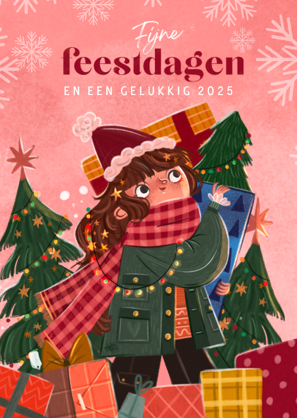 Kerstkaarten - Kerstkaart lief meisje met handen vol cadeautjes