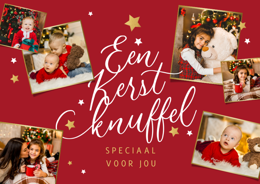 Kerstkaarten - Kerstkaart liefdevol fotocollage kerstknuffel goud sterren