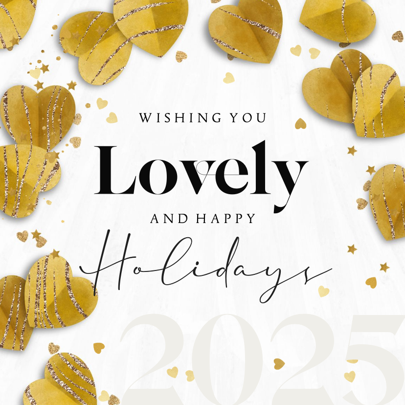 Kerstkaarten - Kerstkaart lovely holidays met hartjes confetti goudlook