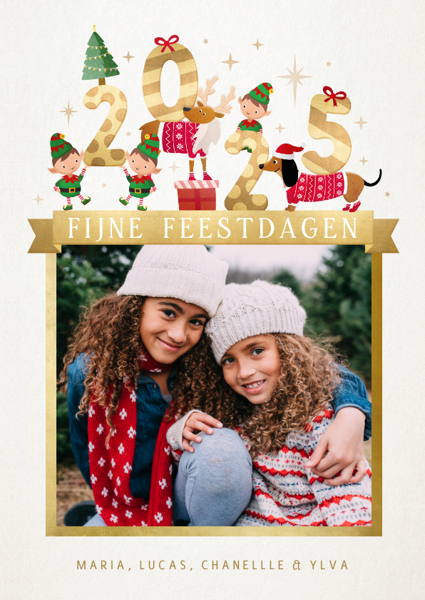 Kerstkaarten - Kerstkaart met 2025 illustratie met lieve diertjes