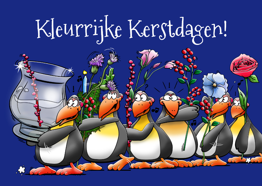 Kerstkaarten - Kerstkaart met 6 pinguïns met een glazen vaas bloemen 