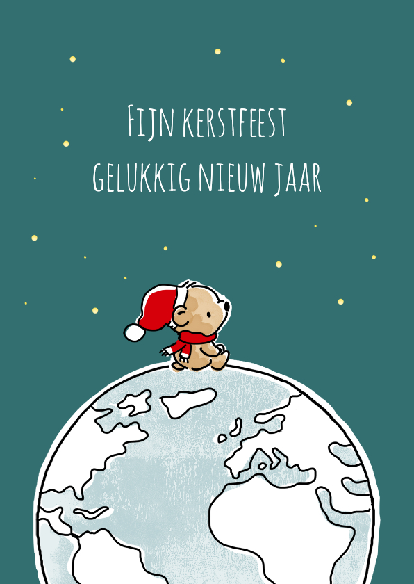 Kerstkaarten - Kerstkaart met beertje met kerstmuts op wereldbol