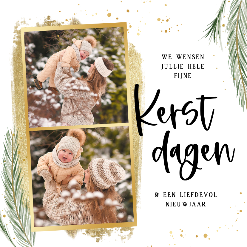 Kerstkaarten - Kerstkaart met dennetakjes spetters en goudlook foto strips