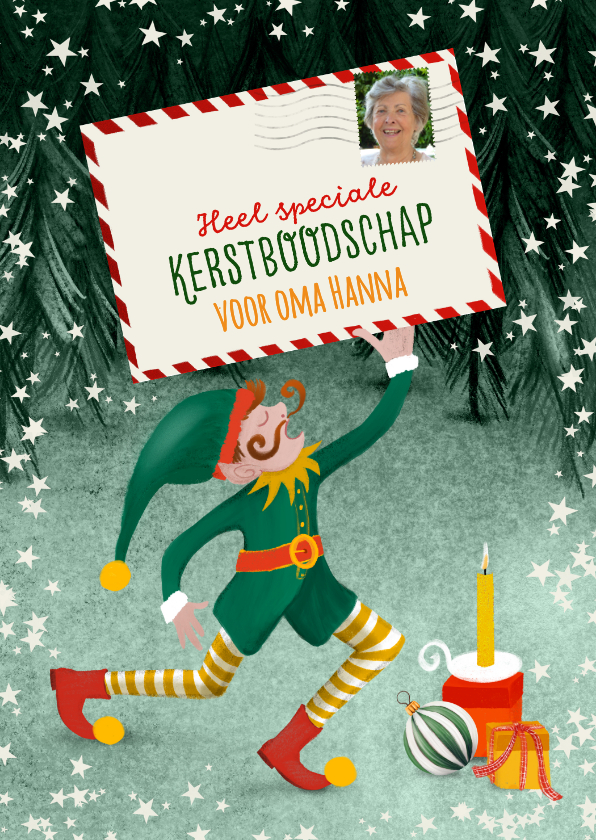 Kerstkaarten - Kerstkaart met elfje, kaart en foto-postzegel