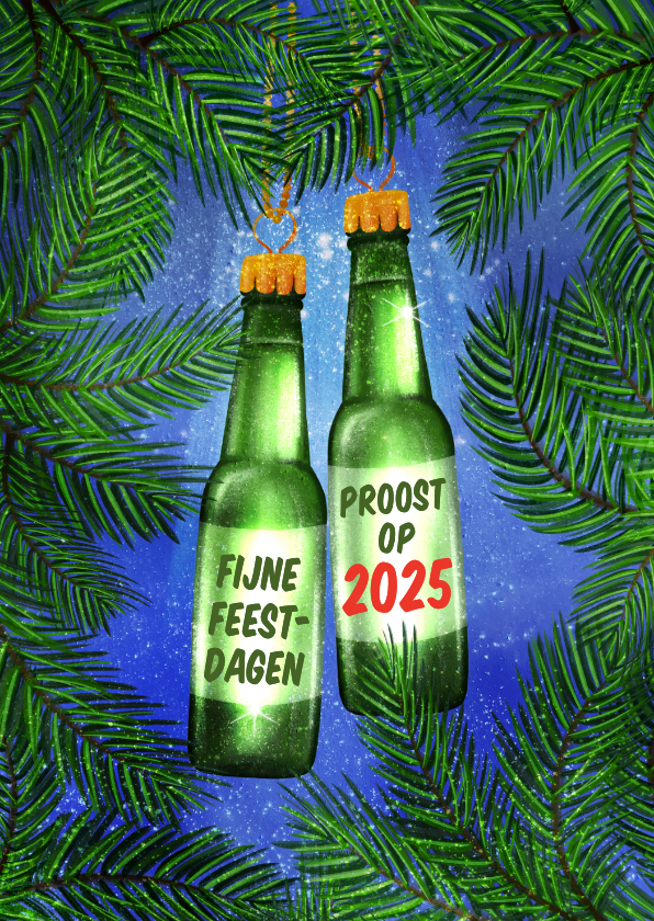 Kerstkaarten - Kerstkaart met flesjes bier aan kersttakjes