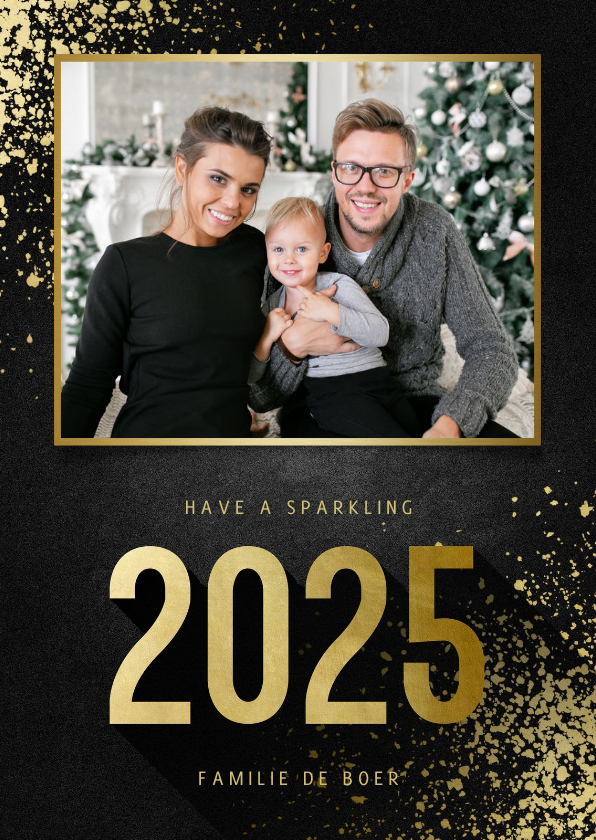 Kerstkaarten - Kerstkaart met foto goudlook 2026 en spetters