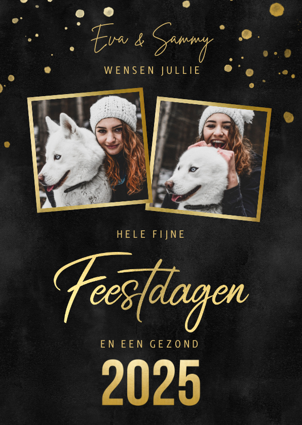 Kerstkaarten - Kerstkaart met foto's, gouden spetters fijne feestdagen