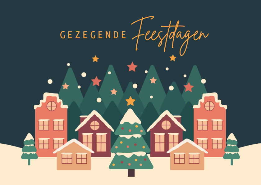 Kerstkaarten - Kerstkaart met kerstdorp en versierde kerstboom